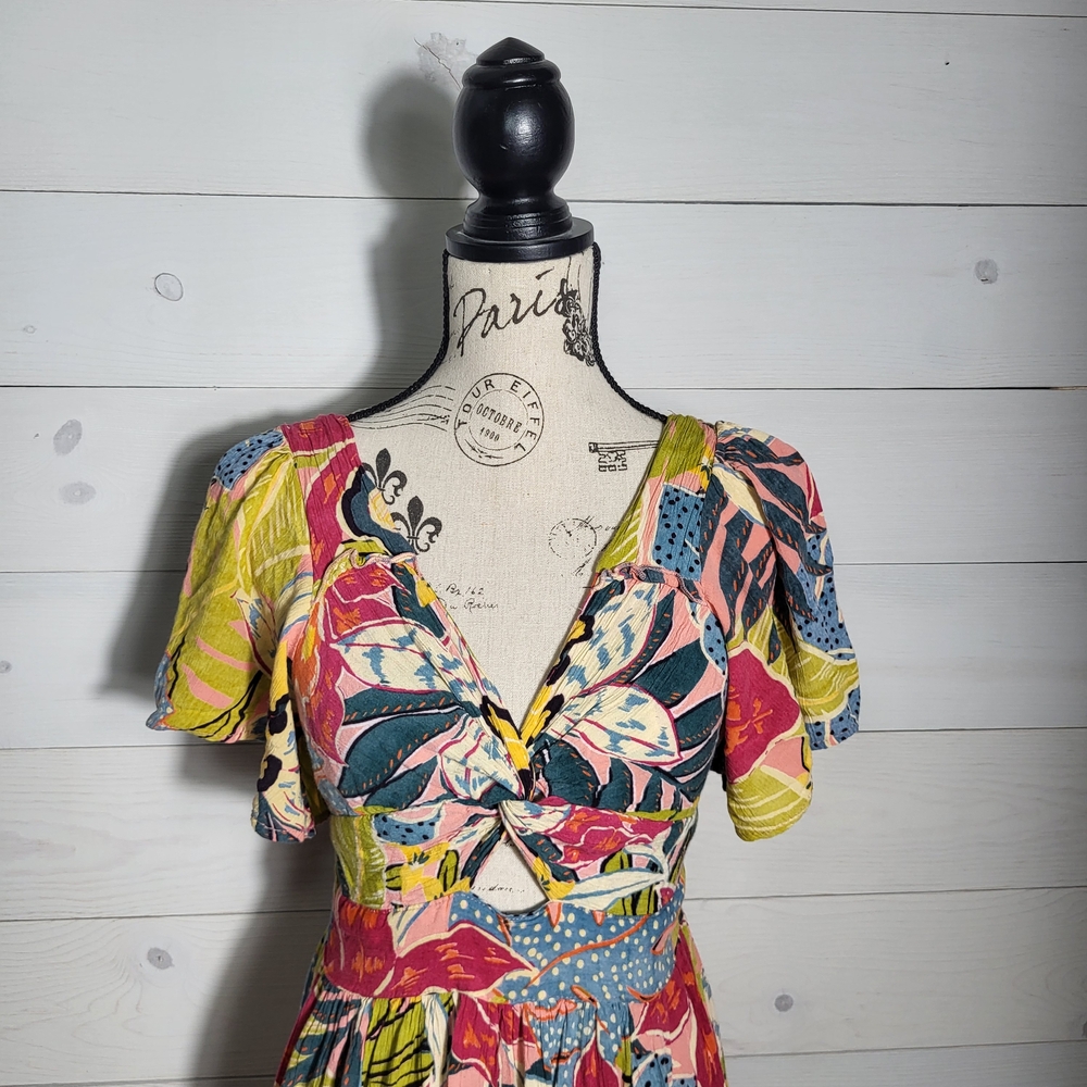 Angie Tropical Floral Maxi Dress Colorful Smocked Spring Summer Vacation - Picture 2 of 8